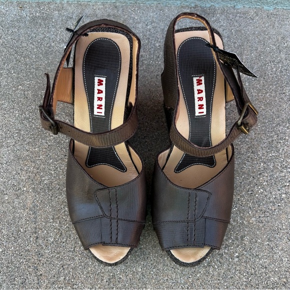 NWT $995~MARNI~Brown Leather/Tweed Peep-Toe Platform Wedge Heel Sandals~6.5/7/37 - Picture 6 of 13